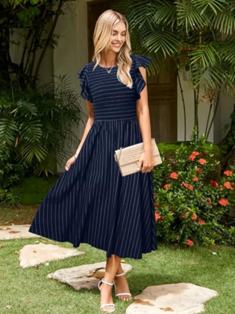 Linen Smocked Midi Dress with Pockets Flutter Sleeve Flowy Casual - Picture 2 of 7